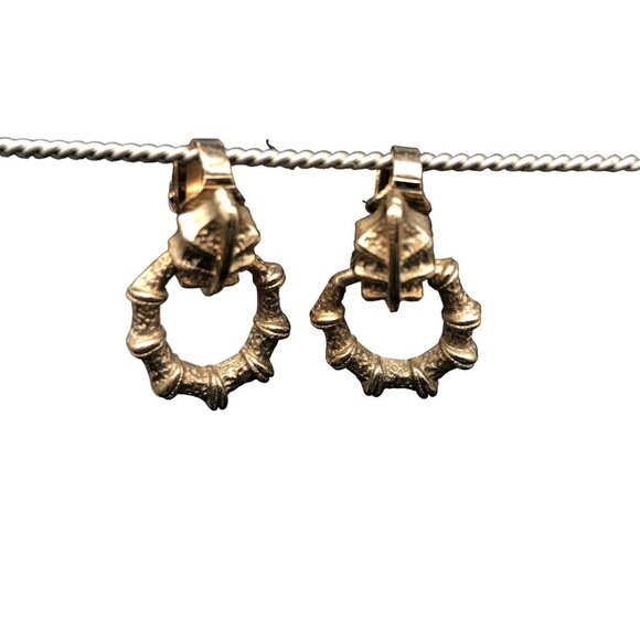 Vintage Gold Tone Door Knocker Earrings, Clip On Bamboo Texture Doorknocker - Picture 1 of 5